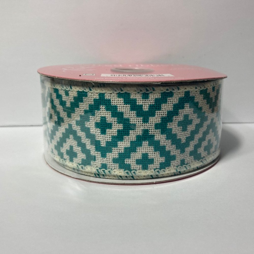 2 Wired Ribbon 1.5" 25' Green Diamond Tribal Aztec